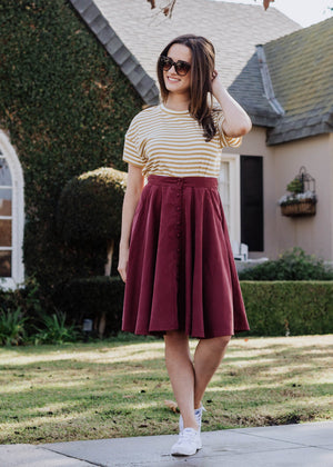 button-down skirt in burgundy