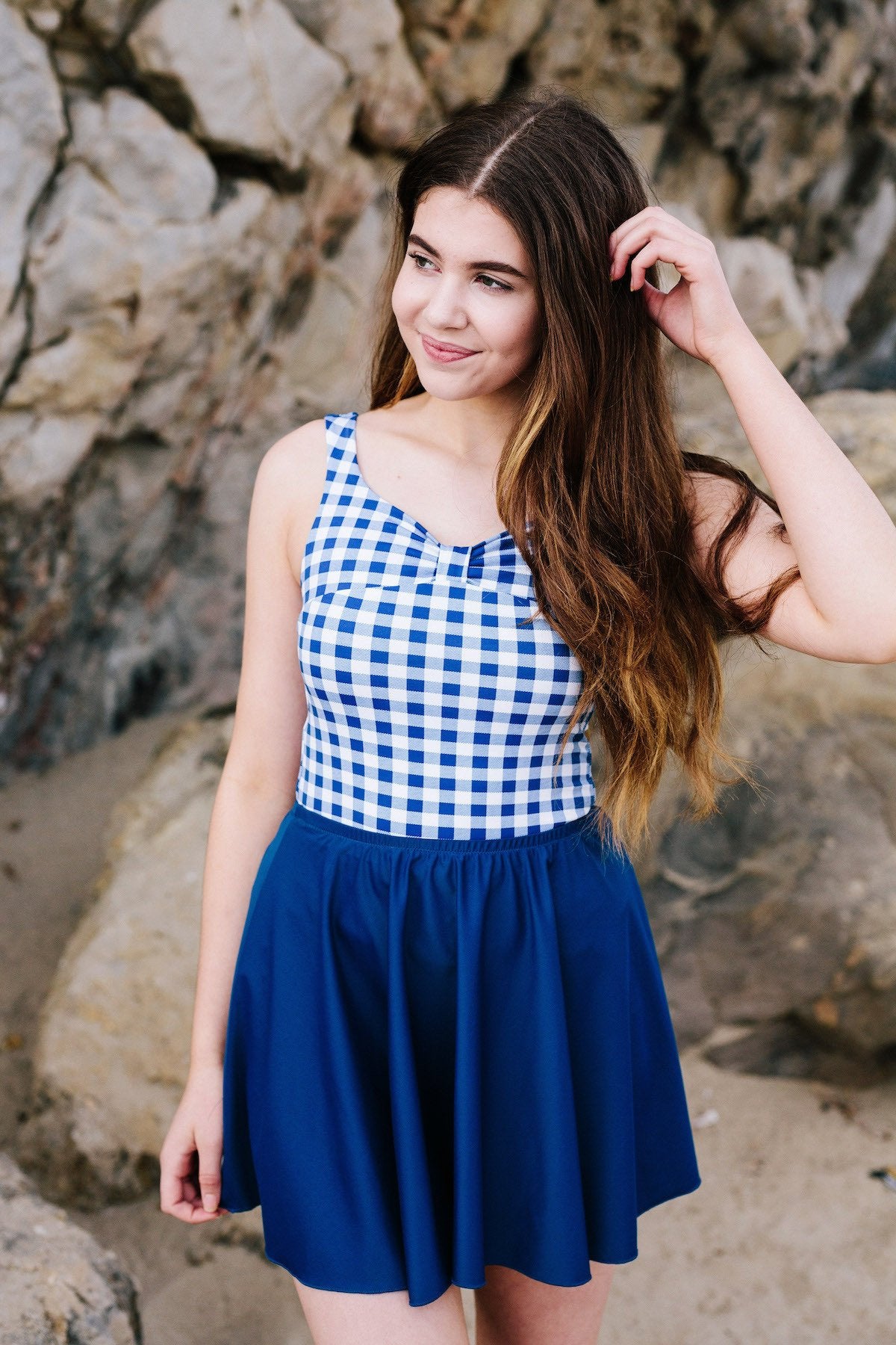 celia in gingham top